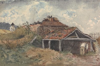 Landschap met twee figuren naast een oud gebouw door David Charles Read