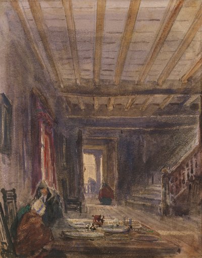 Interieur met figuren aan een tafel door David Cox
