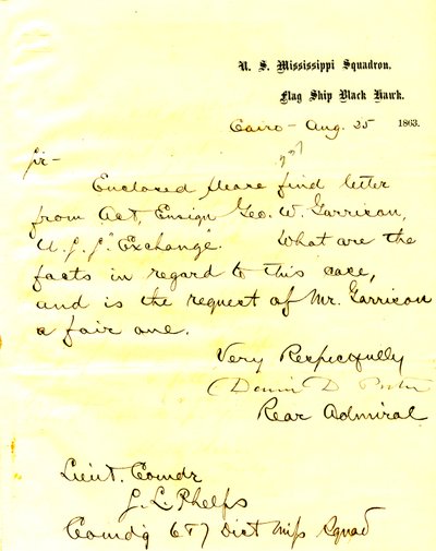 Brief van David D. Porter, U. S. S. Black Hawk, Cairo, Illinois, aan Seth Ledyard Phelps, 25 augustus 1863 door David D. Porter