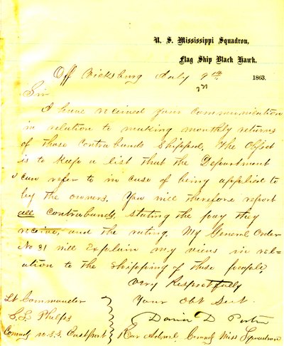Brief van David D. Porter, U.S.S. Black Hawk, bij Vicksburg, aan Seth Ledyard Phelps, commandant van de U.S.S. Eastport, 9 juli 1863 door David D. Porter