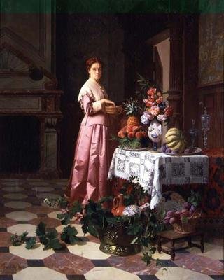 Dame met fruit en bloemen op een tafel door David Emil Joseph de and Knarren P. Noter