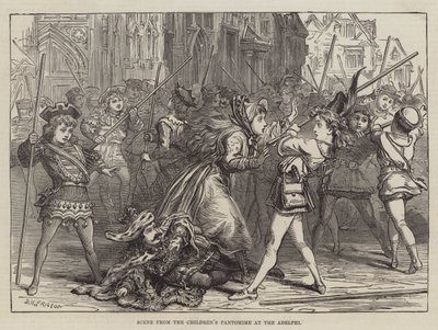 Scène uit de kinderpantomime in het Adelphi door David Henry Friston