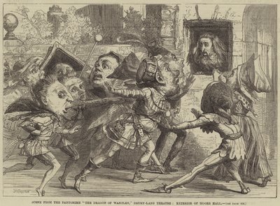 Scène uit de pantomime The Dragon of Wantley, Drury-Lane Theatre, buitenkant van Moore Hall door David Henry Friston