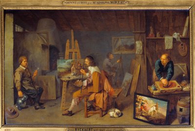 Atelier van de schilder met poserend model en kleurengrinder door David III Ryckaert