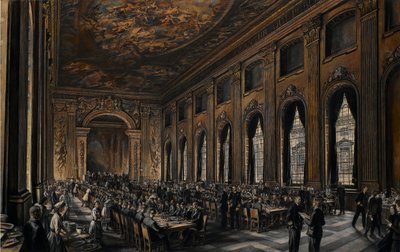 Officieren dineren in de geschilderde hal (in het Royal Hospital in Greenwich, Engeland, voor gepensioneerde zeelieden) tijdens de Tweede Wereldoorlog (1939-1945) door David Muirhead Bone