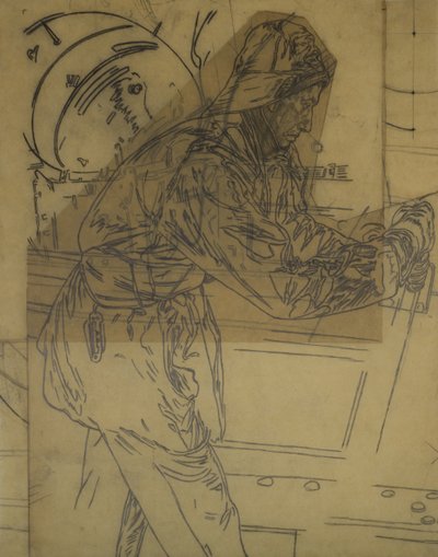 Studie voor Wintermijnen leggen bij IJsland, c.1942, kat 6 door David Muirhead Bone