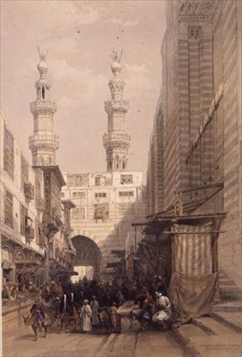 Minaretten en grote ingang van de moskee van de Metwalys, Caïro, uit 