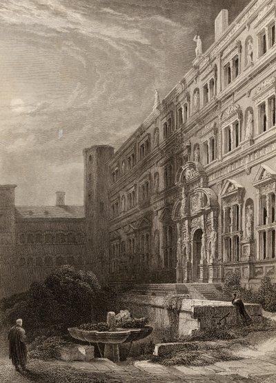 De grote binnenplaats van Heidelberg, gegraveerd door H. Winkles, illustratie uit 