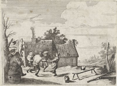 Dansende boeren op de muziek van twee muzikanten door David Teniers (II)