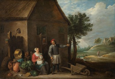 Boer bij een huisdeur met een zittende vrouw en kind door David Teniers (II)
