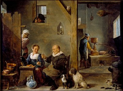 Een distilleerderij met een oude man die gin koopt van een vrouw door David Teniers II