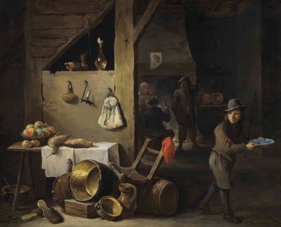 Een keukeninterieur met een jonge jongen en drie drinkende en rokende figuren door David Teniers the Younger