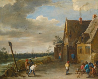 Spel van Negenspelden met Zicht op Antwerpen door David Teniers the Younger