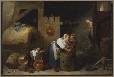 Interieur met een jonge vrouw die potten schrobt terwijl een oude man haar lastigvalt door David Teniers the Younger