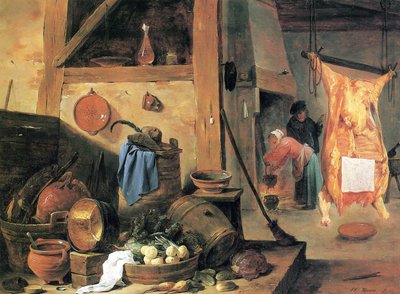 Keukeninterieur met stilleven en geslachte os door David Teniers the Younger
