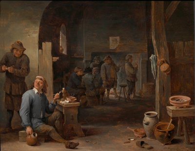 Het interieur van een herberg met rokende boeren bij een tafel en converserend voor een vuur door David Teniers the Younger