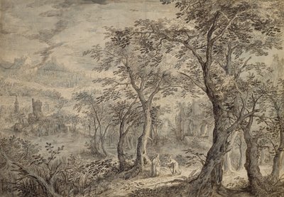Bosrijk landschap met de verzoeking van Christus door David Vinckboons