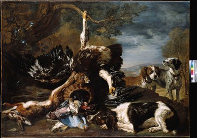 Een Spaniël, een Adelaar, een Haas en een Wicker Mand met een Vlaamse Gaai, Vinken en andere Vogels Overzien door twee Honden, een Bergachtig Landschap op de Achtergrond door David de Coninck