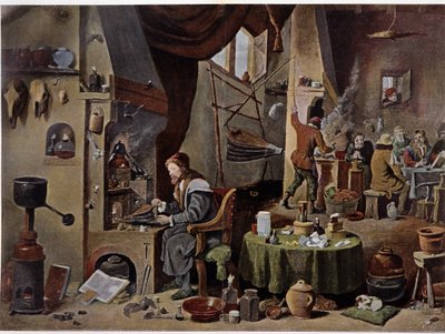 Een alchemistenlaboratorium in de 17e eeuw - volgens het schilderij van David Téniers de Jongere door David the Younger (after) Teniers