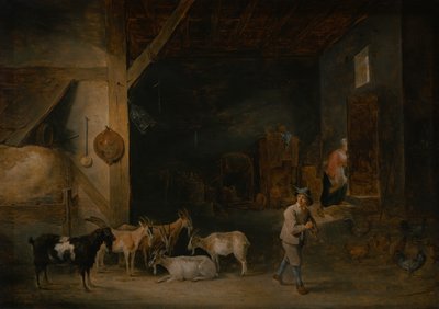 Schuur met geiten en een jongen die de blokfluit speelt, ca. 1640-45 door David Teniers the Younger