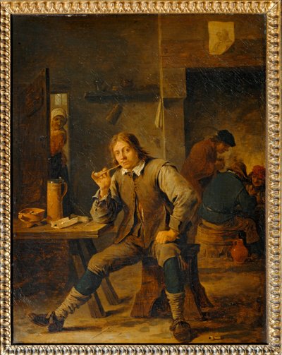 Roker leunend tegen een tafel ... door David the Younger Teniers