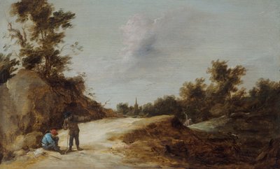 Boeren rusten op een pad in een rotsachtig, bebost landschap door David Teniers the Younger