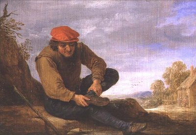 Zittende man die zijn schoen uittrekt door David Teniers the Younger