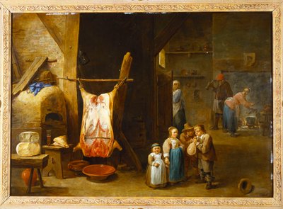 Het interieur van een boerenhuisje met een varkenskarkas en een jongen die een blaas opblaast, 1646 door David Teniers the Younger