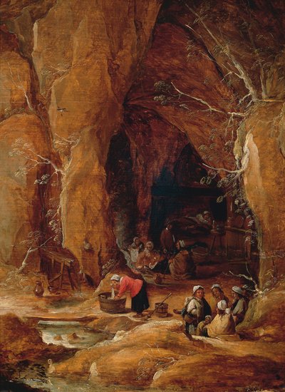 Zwerver en wasvrouwen in grot, door David Teniers II door David Teniers the Younger