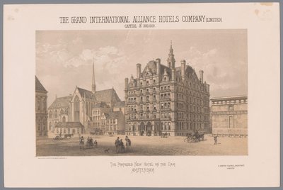 Ontwerp voor een voorgesteld hotel op de Dam in Amsterdam The proposed New Hotel on the Dam Amsterdam The Grand International Alliance Hotels Company (Limited) capital £ 300,000 door Day and Co.