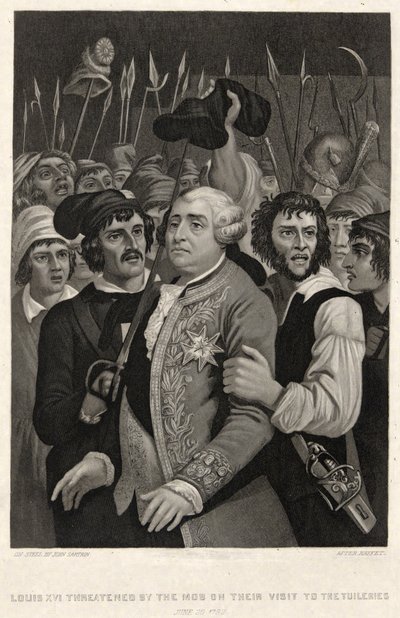 Lodewijk XVI bedreigd door de menigte tijdens hun bezoek aan de Tuilerieën, 20 juni 1792 door Denis Auguste Marie (after) Raffet