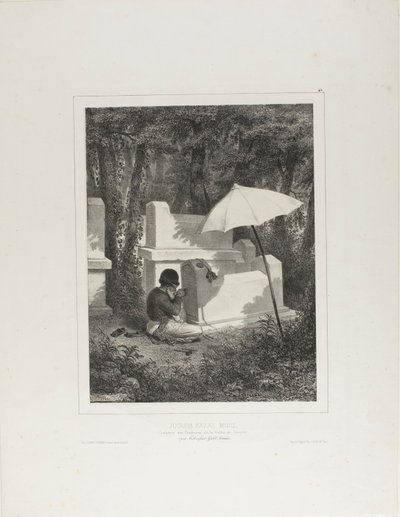 Portret van Juguda Kazaz, Misiz, aan het werk als grafbeeldhouwer in de Josaphatvallei, bij Tchioufout-Galeh, de Krim door Denis Auguste Marie Raffet