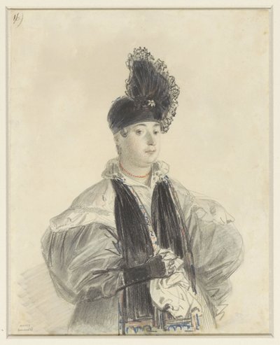 Portret van een staande dame met zwarte shawl en zwarte hoed door Denis Auguste Marie Raffet