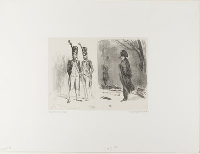 Blad met Schets (Grenadier van de Garde, Napoleon in een Bivak) door Denis Auguste Marie Raffet
