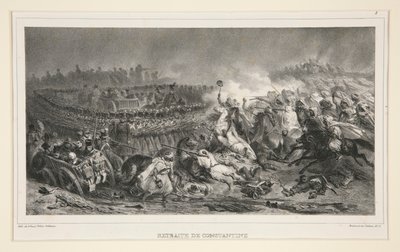 De 2e lichte cavalerie die de aanval van de Arabieren weerstaat, uit een set van zes, getiteld Retraite de Constantine door Denis Auguste Marie Raffet