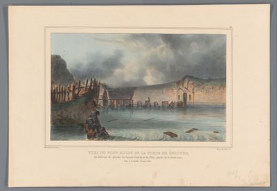Vernielde brug, 1832 door Denis Auguste Marie Raffet