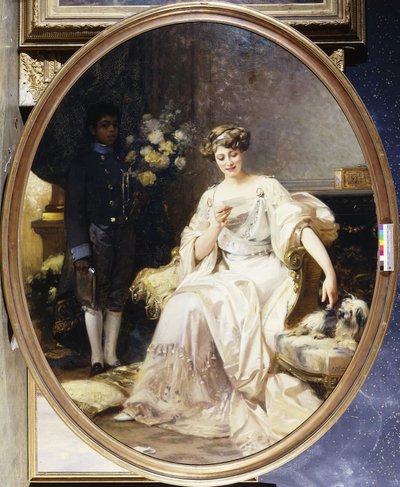 Portret van een dame, vermoedelijk Anna de Noailles, zittend met een negerpage in een interieur door Denis Etcheverry