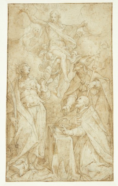 Christus in de wolken, gedragen door engelen, verschijnt aan een bisschop bij een lezenaar, een bisschopsheilige (St. Augustinus?) en Catharina van Alexandrië door Denys Calvaert