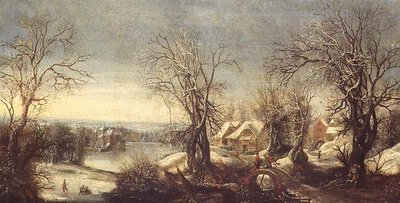 Een uitgestrekt boslandschap in de winter met schaatsers op een bevroren waterweg, een pelgrim en een heiligdom verderop door Denys van Alsloot