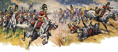 "Into Them, Greys!" De charge van de Union (Cavalerie) Brigade tijdens de Slag bij Waterloo (kleurenlitho) door Derek Charles Eyles