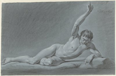 Liggend mannelijk naakt met geheven arm door Derk Anthony van de Wart