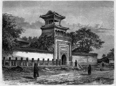 Moskee in Peking in de jaren 1870. Gravure naar een tekening van Deroy, in 