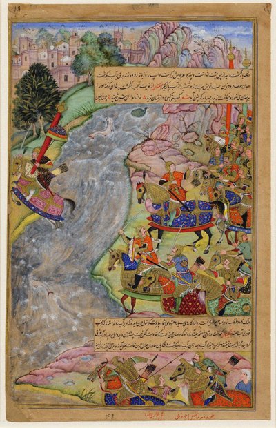 Jalal al-Din Khwarazm-Shah steekt de snelle Indus rivier over, ontsnapt aan Chinggis Khan en zijn leger door Dharm Das