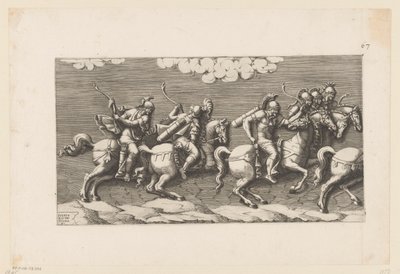 Optocht van gewapende ruiters (linkerdeel) door Diana Mantuana