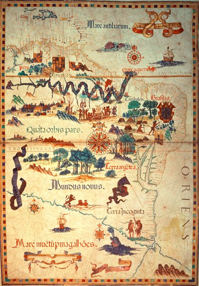 Atlas door Diego Homem van Zuid-Amerika, met Indianen in hun nederzettingen, Spaans expeditielegerkamp en mannen in harnas, c.1558 door Diego Homem