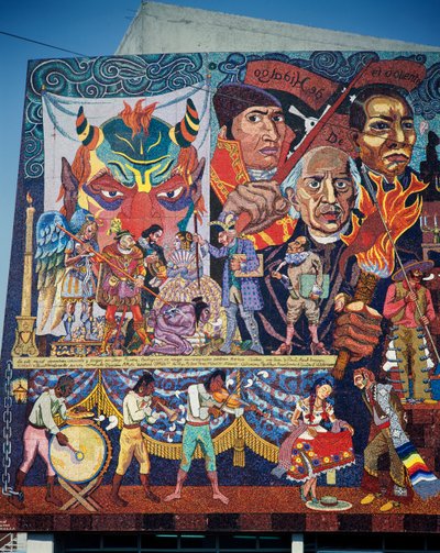 Hidalgo, Morelos en Juarez, helden van de onafhankelijkheidsstrijd, detail van de mozaïekschildering op de gevel van het Theater van de Opstandelingen, Mexico-Stad. Mexico, 20e eeuw. door Diego Rivera