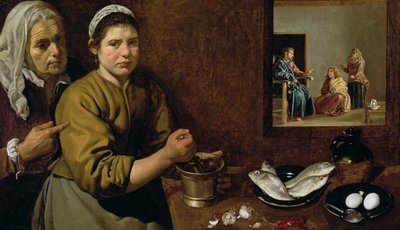 Keukenscène met Christus in het huis van Martha en Maria door Diego Velázquez