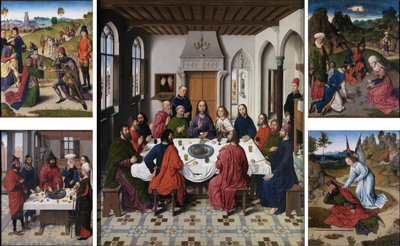 Het verzamelen van manna en Pesach (recto links), Het laatste avondmaal (midden), De ontmoeting van Abraham en Melchizedek en Elia gewekt door de engel (1 Koningen 19:5-6) (recto rechts) door Dieric Bouts