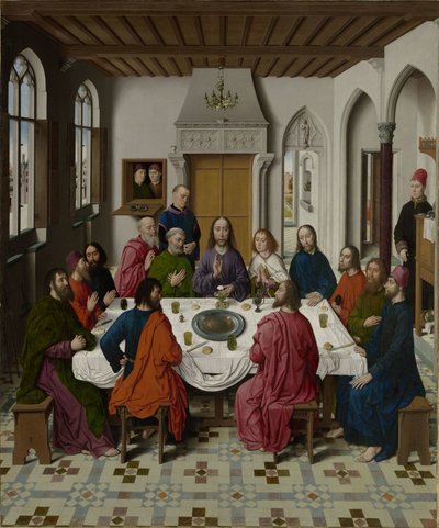 Het verzamelen van manna en Pesach (recto links), Het laatste avondmaal (midden), De ontmoeting van Abraham en Melchizedek en Elia gewekt door de engel (1 Koningen 19:5-6) (recto rechts) door Dieric Bouts