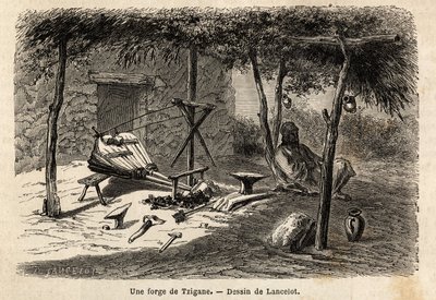Een zigeunersmederij in de regio Walachije, Roemenië. Gravure ter illustratie van de reis van Parijs naar Boekarest, door Lancelot, tekenaar, in 1860, gepubliceerd in 